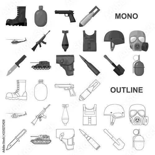 Army and armament monochrom icons in set collection for design. Weapons and equipment vector symbol stock web illustration.