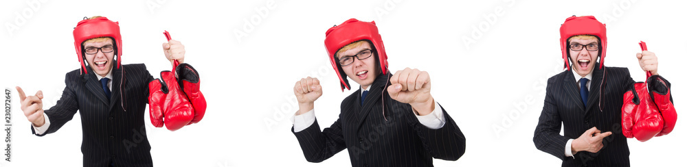 Young employee with boxing gloves isolated on white Young employee with boxing gloves isolated on white