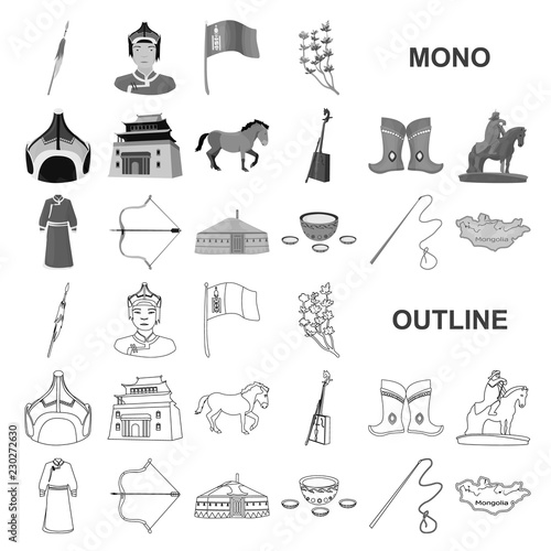 Country Mongolia monochrom icons in set collection for design.Territory and landmark vector symbol stock web illustration.