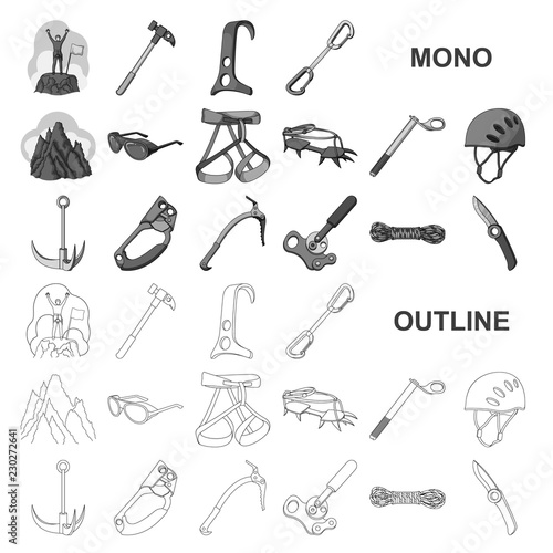 Mountaineering and climbing monochrom icons in set collection for design. Equipment and accessories vector symbol stock web illustration.