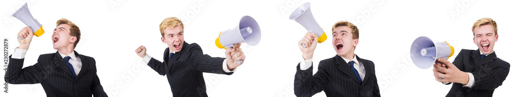 Young man with loudspeaker on white Young man with loudspeaker on white