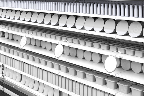 Supermarket shelves with blank properties and round wobblers in perspective. Mockup. 3d illustration. photo