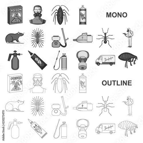 Pest, poison, personnel and equipment monochrom icons in set collection for design. Pest control service vector symbol stock web illustration.