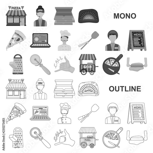 Pizza and pizzeria monochrom icons in set collection for design. Staff and equipment vector symbol stock web illustration.