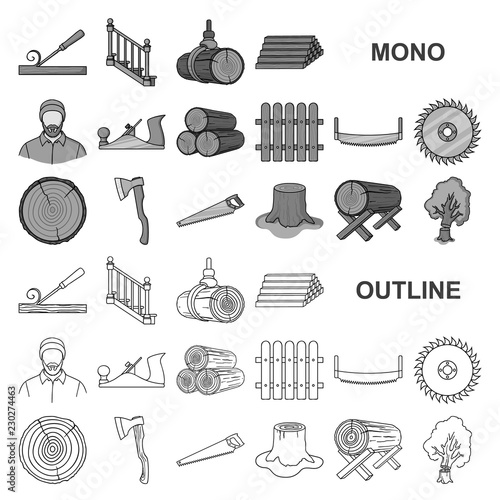 Sawmill and Timber monochrom icons in set collection for design. Hardware and Tools vector symbol stock web illustration.