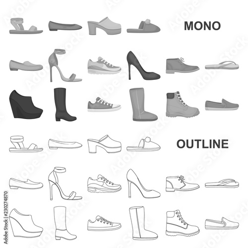 A variety of shoes monochrom icons in set collection for design. Boot, sneakers vector symbol stock web illustration.