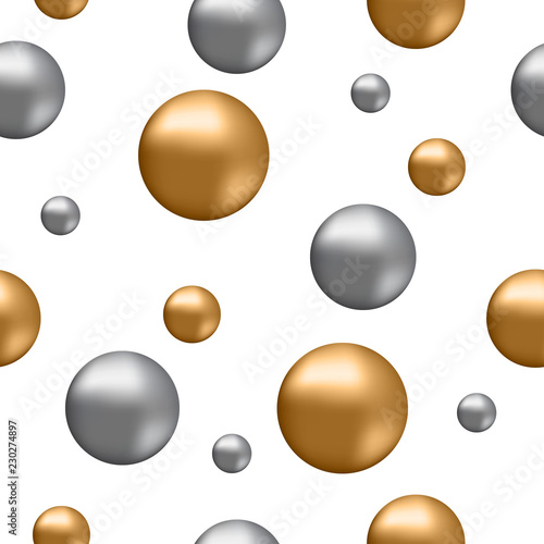 Seamless pattern with 3d gold and metal circle balls on background. Vector illustration.