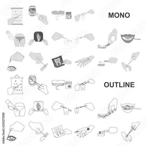 Manipulation by hands monochrom icons in set collection for design. Hand movement in medicine vector symbol stock web illustration.