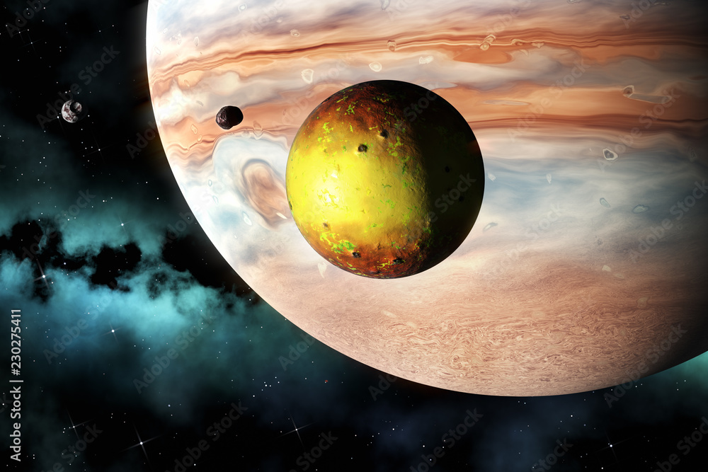 Naklejka premium gas giant planet and volcanic moon (like Jupiter and Io), 3d render
