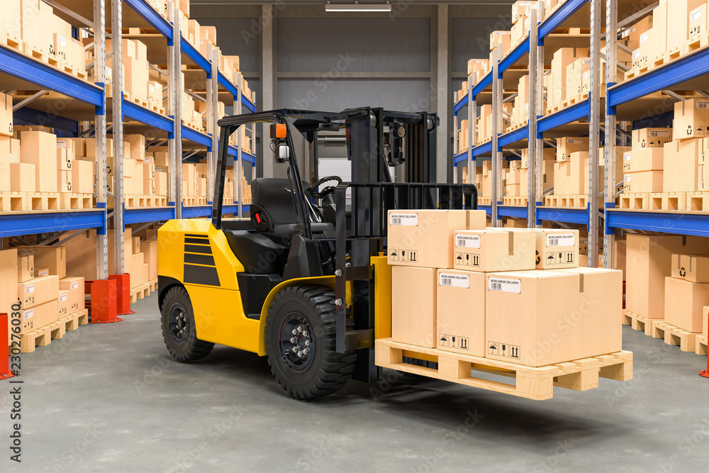 Forklift truck with cardboard boxes in warehouse, 3D rendering