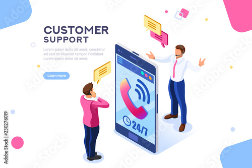 Product of e-shop. Shop available assistance, accessible always. Clock illustration for site or center. Isometric images of transaction customer support concept with characters. Vector illustration.