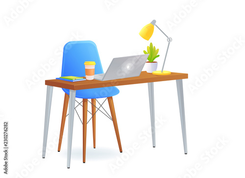 Office chair with table and laptop and a coffee cup beside books and lamp and pretty plant. Modern furniture for workplace