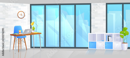 Office furniture design banner. Workplace with table and laptop and coffee. Modern interior . Landing Page Website conept