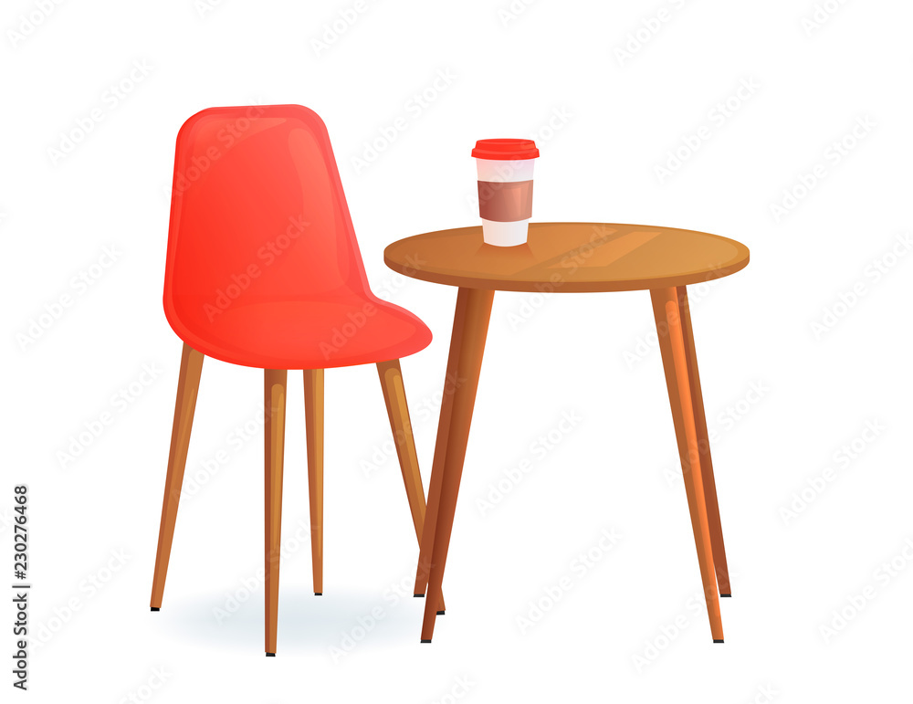Chair with and drink cup on wood table. Cafe for meet and talk. Modern furniture for house or shop. Chair with and drink cup on wood table. Cafe for meet and talk. Modern furniture for house or shop.