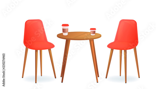 Two chairs with and drink cup on wood table. Cafe for meet and talk. Modern furniture for house or shop.