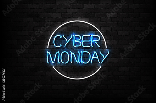 Vector realistic isolated neon sign of Cyber Monday logo for decoration and covering on the wall background. Concept of electronics market, sale and discount.