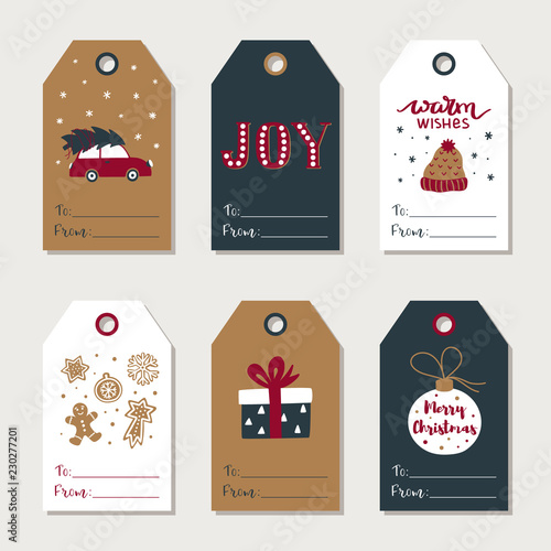 Hand drawn Christmas gift tags collection. Cute festive tag. Vector design template.