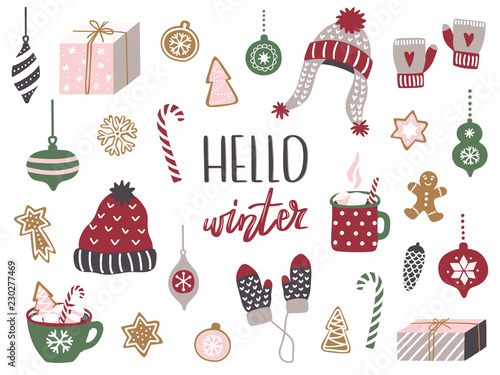 Set of Merry Christmas and Happy New Year elements. Cozy winter season.Vector illustration with christmas tree, car, toys, gingerbread, cup of hot chocolate, gifts, winter wool hat and mittens.