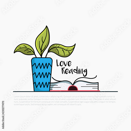 Concept for the book lovers club. Blue vase with plant and open book behind it with text "Love Reading. Vector illustration.