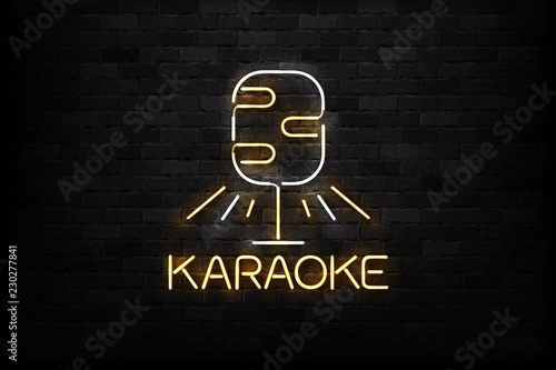 Vector realistic isolated neon sign of Karaoke logo for decoration and covering on the wall background. Concept of night club and live music.