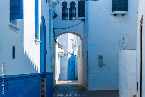Beautiful street of white ancient medina of the Asilah village in Morocco © pszabo