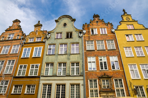 Facade of beautiful typical colorful buildings, Gdansk, Poland