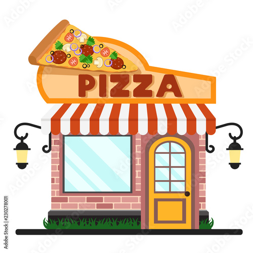 Cafe pizzeria with a slice of pizza on the roof.