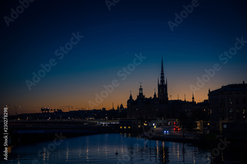 Silhouette of Stockholm cityscape skyline at sunset, dusk, Sweden