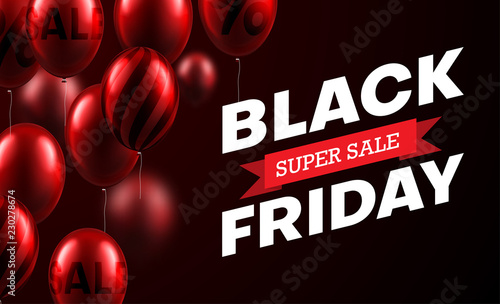Black friday super sale promo poster with red balloons.