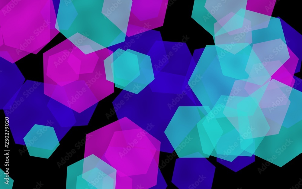 Multicolored translucent hexagons on dark background. Green tones. 3D illustration Multicolored translucent hexagons on dark background. Green tones. 3D illustration