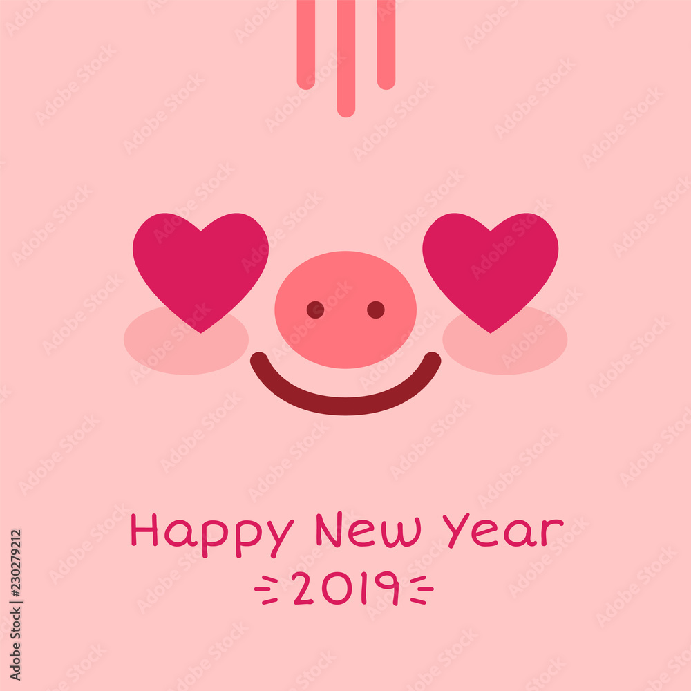 Happy New Year 2019 zodiac pig sign character face on pink background,greeting card banner concept.Adorable charming smiling mascot piglet with love heart eyes,wish postcard