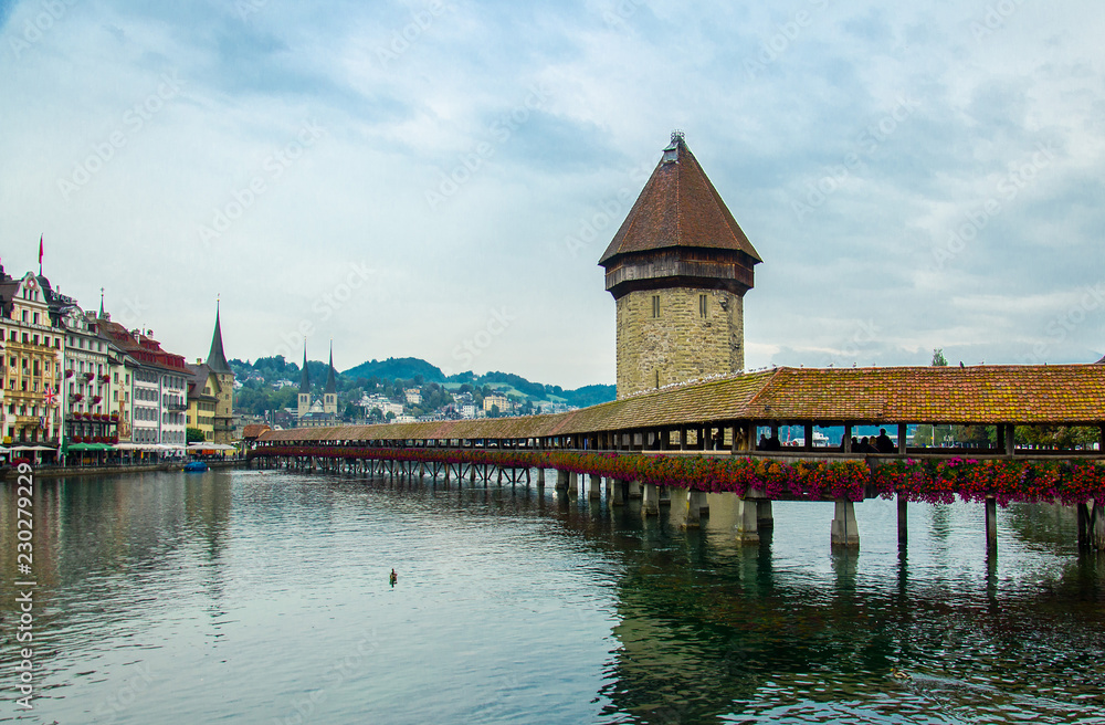 Historic center of Luzern, tower and wooden Chapel Bridge, Switzerland