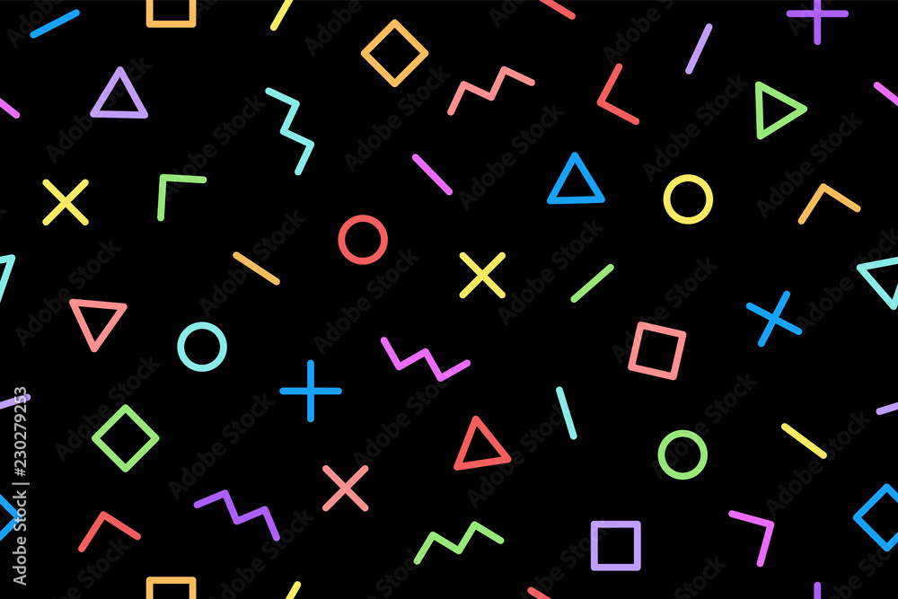 Naklejka Pattern. Seamless memphis geometric graphic pattern 80s-90s styles on dark black background. Colorful pattern with different shapes objects. Wrapping paper, background, wallpaper. Vector Illustration