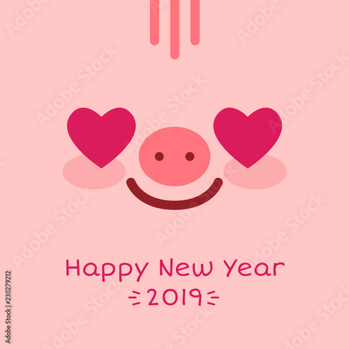 Happy New Year 2019 zodiac pig sign character face on pink background,greeting card banner concept.Adorable charming smiling mascot piglet with love heart eyes,wish postcard
