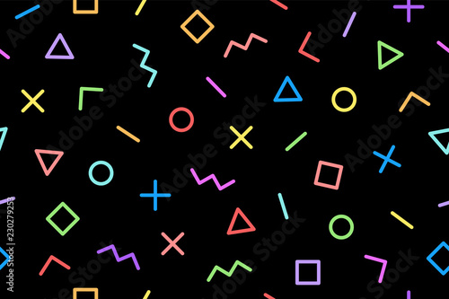 Pattern. Seamless memphis geometric graphic pattern 80s-90s styles on dark black background. Colorful pattern with different shapes objects. Wrapping paper, background, wallpaper. Vector Illustration