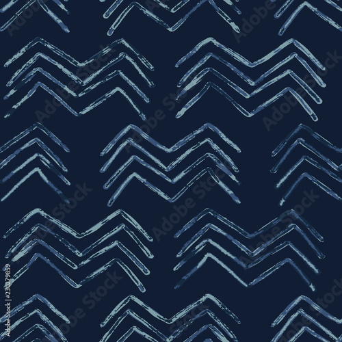 Indigo Tie Dye Batik Chevron Seamless Vector Pattern. Drawn Organic Blue Textile Illustration for Boho Fashion Print, Wallpaper, Hippie Packaging, Trendy Organic Cloth Backdrop. Indonesian Home Decor.