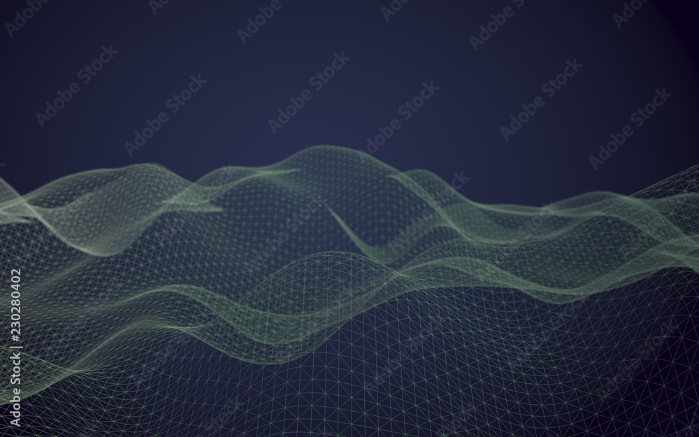 Abstract landscape on a dark background. Cyberspace navy blue grid. Hi-tech network. 3D illustration Abstract landscape on a dark background. Cyberspace navy blue grid. Hi-tech network. 3D illustration
