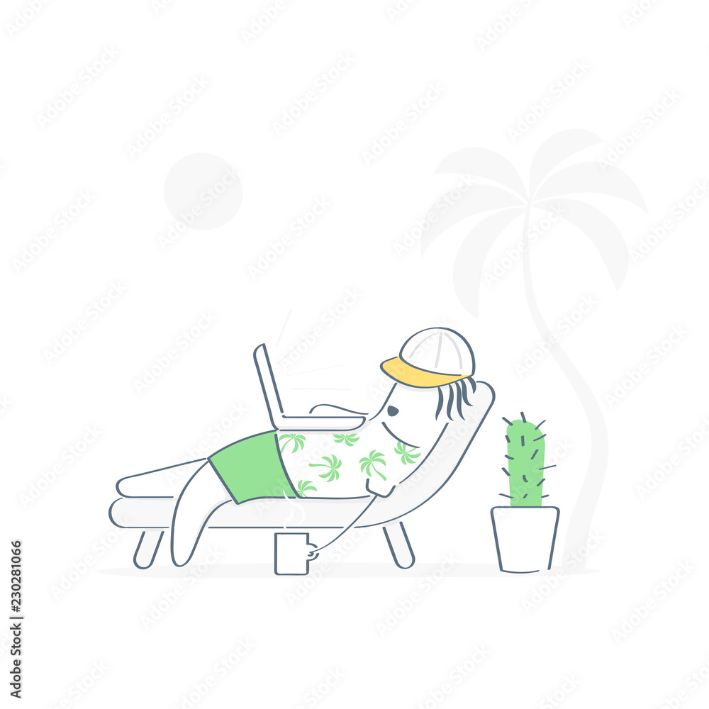 Summer holiday, cute cartoon funny character with with laptop, vacation, trip to the sea, holiday relax, leisure with beach background. Idyllic travel or freelance vector illustration concept Stock Vector | Adobe Stock Summer holiday, cute cartoon funny character with with laptop, vacation, trip to the sea, holiday relax, leisure with beach background. Idyllic travel or freelance vector illustration concept Stock Vector | Adobe Stock