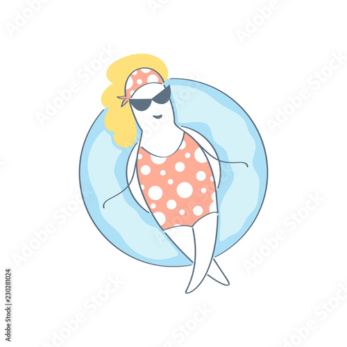 Girl floating on the water, sunbath on ring in the swimming pool or sea. Summer vacation, relaxation, resort, summer beach pool party, rest illustration icon concept. Flat fun outline vector