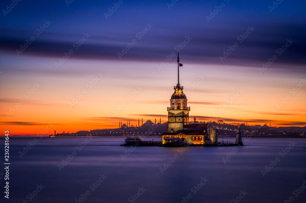 Amazing view of Mainden`s Tower (kiz kulesi) in Istanbul, historical city of Turkey