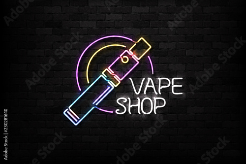 Vector realistic isolated neon sign of Vape logo for decoration and covering on the wall background. Concept of electronic cigarette.