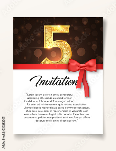 Wedding Invitation card template to the day of the fifth anniversary with abstract text vector illustration. Invite to 5 th years eve jubilee