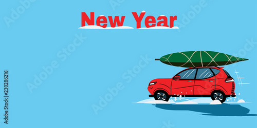 Red Car. New Year Red Car on Blue Background.  Icon. Sketch. Symbol. Sign. Stock Vector Illustration. Transparent. White Isolated. Print