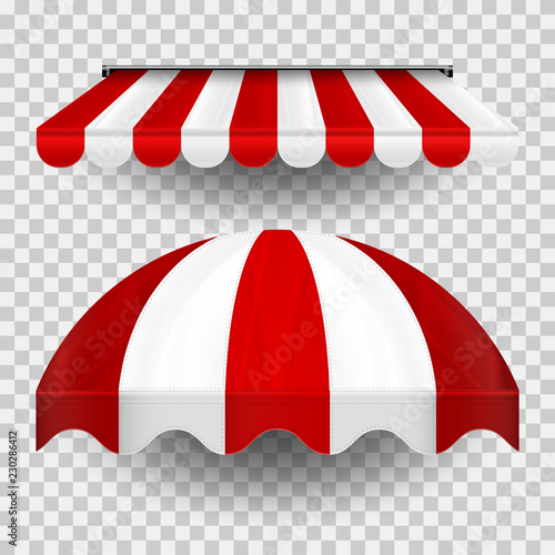 Commercial Canopy Awning Series. Vector Pop Up Store. Straight and Dome Striped Awnings with Shadows on a Transparent Plaid Background. Design Element for Poster, Banner, Advertising.