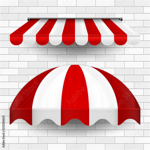 Commercial Canopy Awning Series. Vector Pop Up Store. Straight and Dome Striped Awnings with Shadows on a White Brick Wall Background. Design Element for Poster, Banner, Advertising.