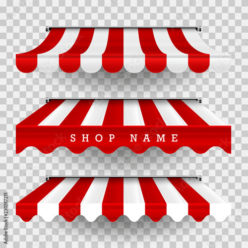 Commercial Canopy Awning Series. Vector Pop Up Store. Striped Awnings of Different Shapes with Shadows on a Transparent Plaid Background. Design Element for Poster, Banner, Advertising.