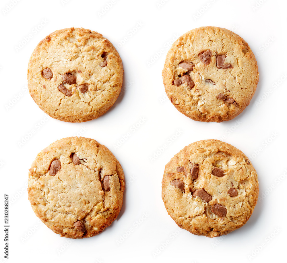 Fresh chocolate chip cookies isolated on white, from above