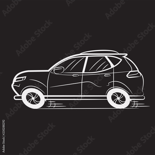 Car Drawn White Lines on Black School Blackboard. Icon. Sketch. Symbol. Sign. Stock Vector Illustration. Transparent. 