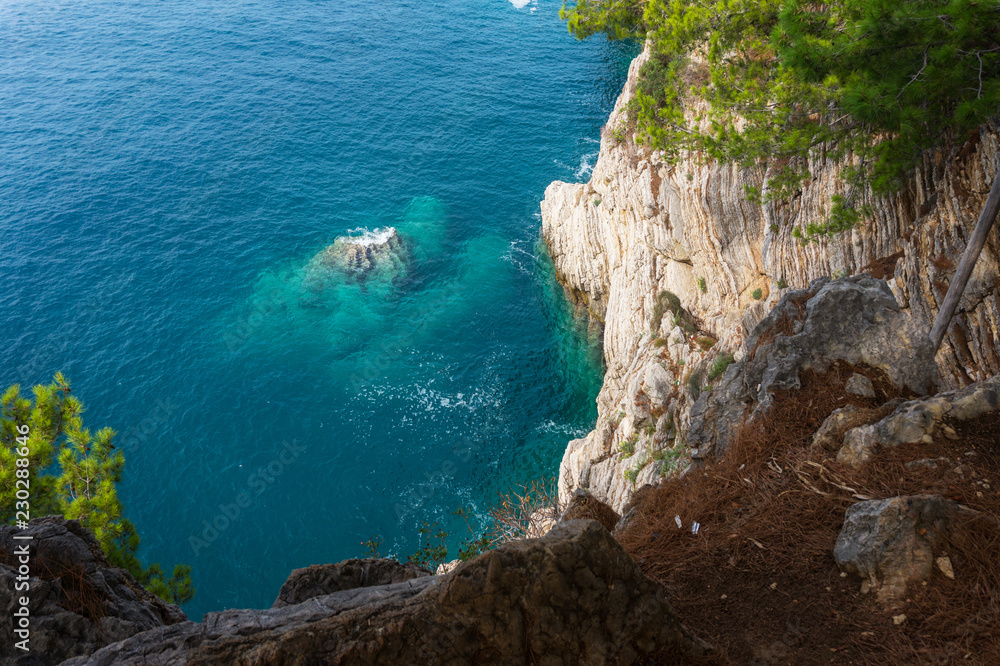Rocky cliff and pines over turquoise sea
