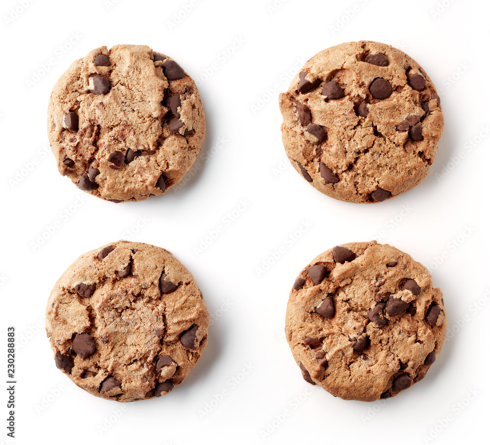 Fresh chocolate chip cookies isolated on white, from above Fresh chocolate chip cookies isolated on white, from above
